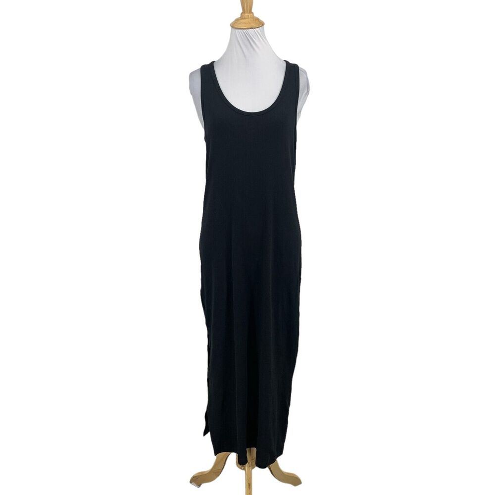 H&M Tank Dress Women S Small Black Ribbed Scoop Neck Racerback Stretch Slit Maxi - Picture 1 of 14